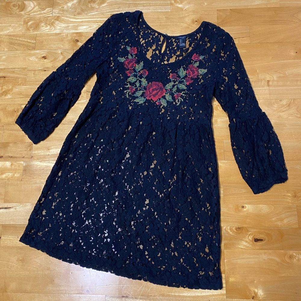 Forever 21 Black Lace Dress Overlay with cross-stitch red rose design